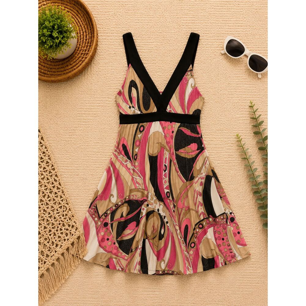 Pink Eli Retro Abstract Print Empire Waist Dress Women's Medium Sleeveless Tie